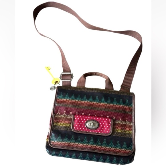 Fossil Key Per Coated Canvas Leather Trim Crossbody Messenger Bag Key charm - Picture 16 of 16